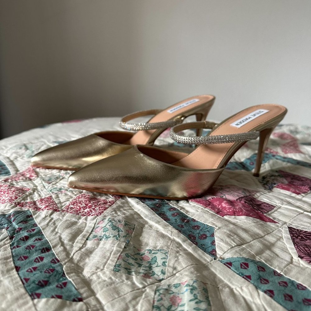 Gold laced rhinestone strap heels